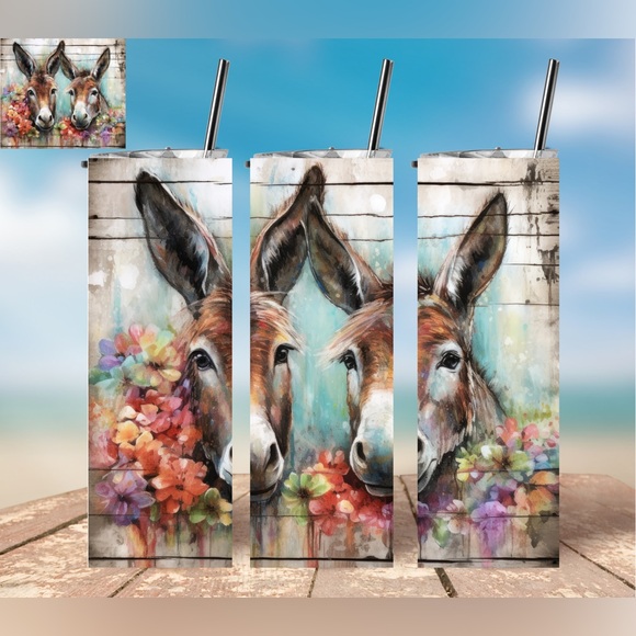 Handmade Donkeys And Flowers Tumbler New 20oz Skinny With Lid And Straw - Picture 2 of 4